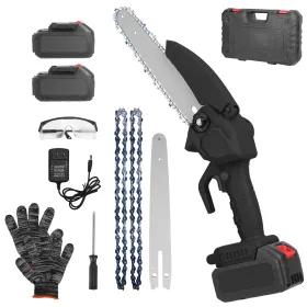 Electric Mini Chainsaw Portable Handheld Cordless Small Chain Saw Battery Powered With 2Pcs 1200mAh Rechargeable Batteries 8in Chains Gloves Gogg (Option: Black)