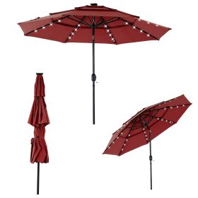10FT 3-Tier Solar Patio Umbrella With 32 LED Lights, Outdoor Umbrellas With Push Button Tilt And Crank (Option: Red)