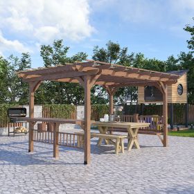 14' x 10' Outdoor Pergola, Wooden Grill Gazebo with Bar Counters and Benches for Seating, Garden, Patio, Backyard, Deck Use (Option: Brown-1180x650x200 mm)